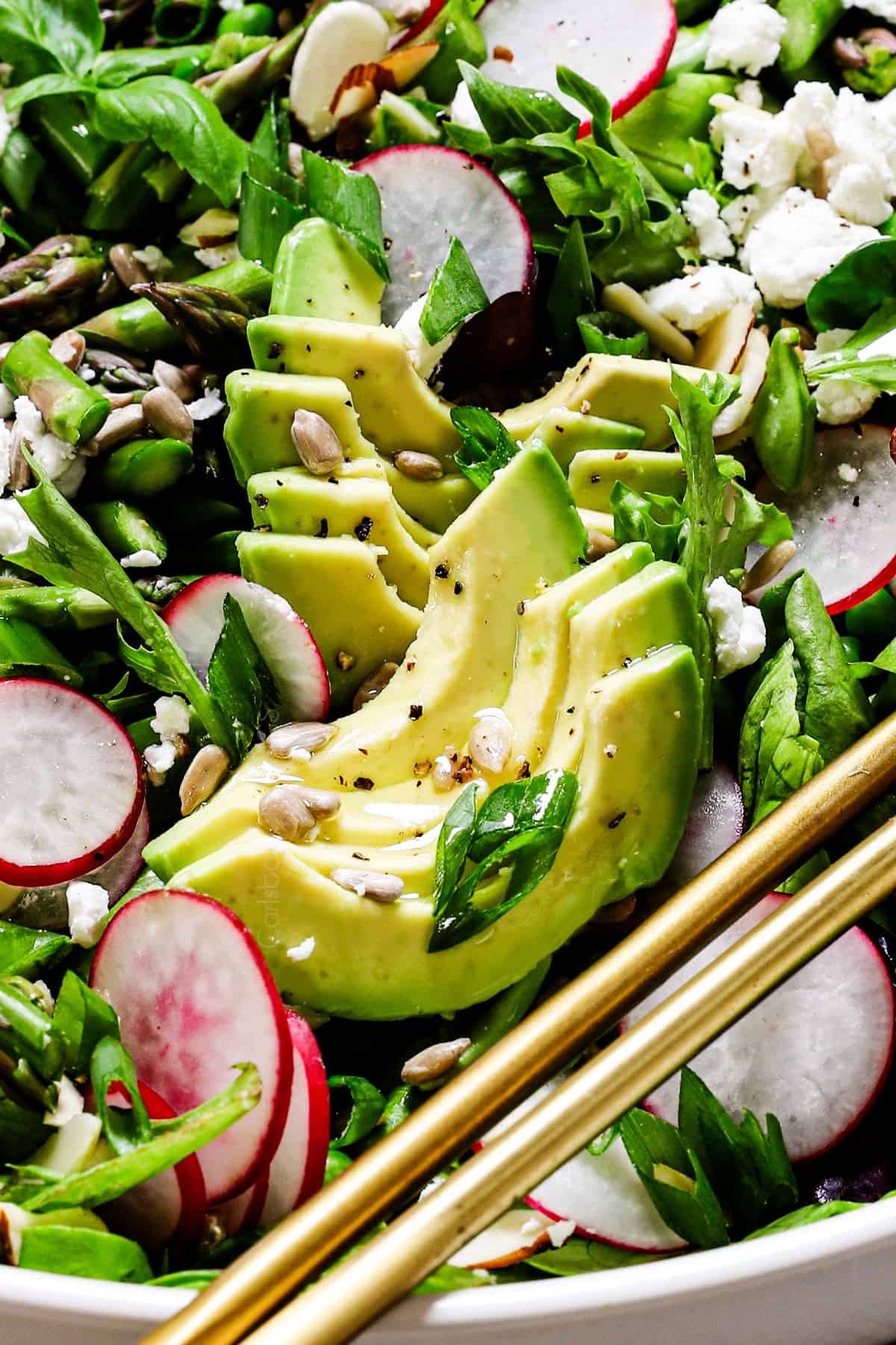 up close of avocados in spring green salad