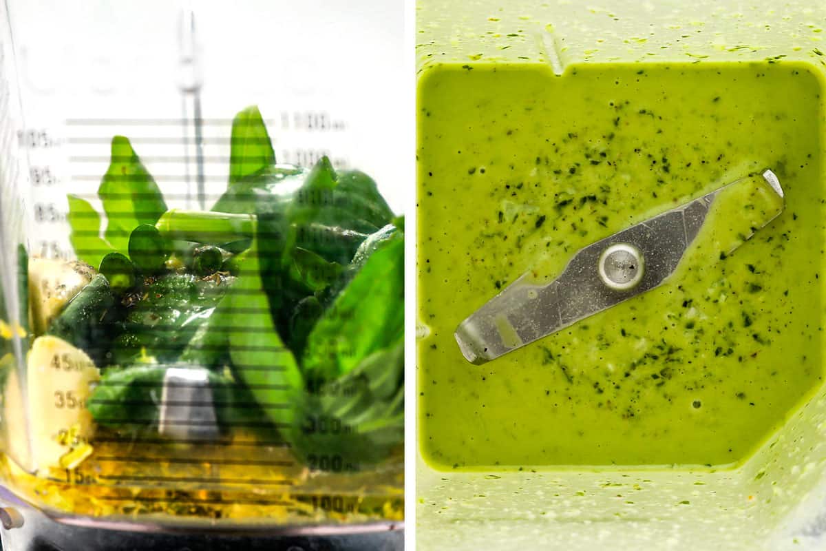 showing how to make spring salad by adding dressing ingredients to a blender and blending until smooth