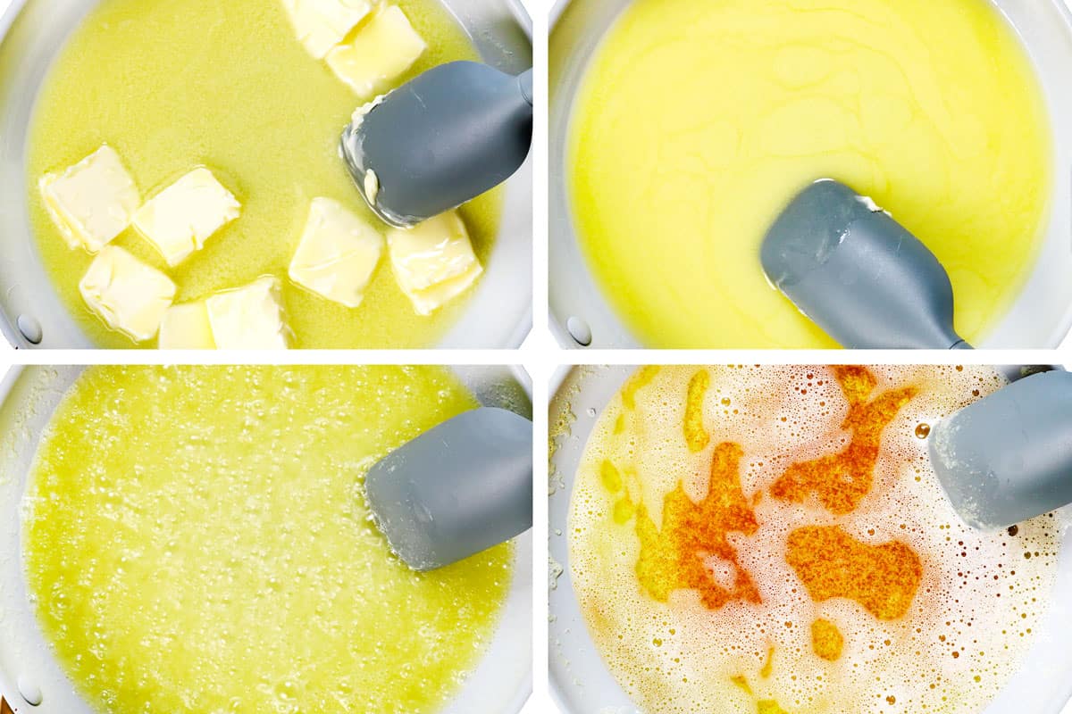 a collage showing how to make pizookie by browning butter in a skillet