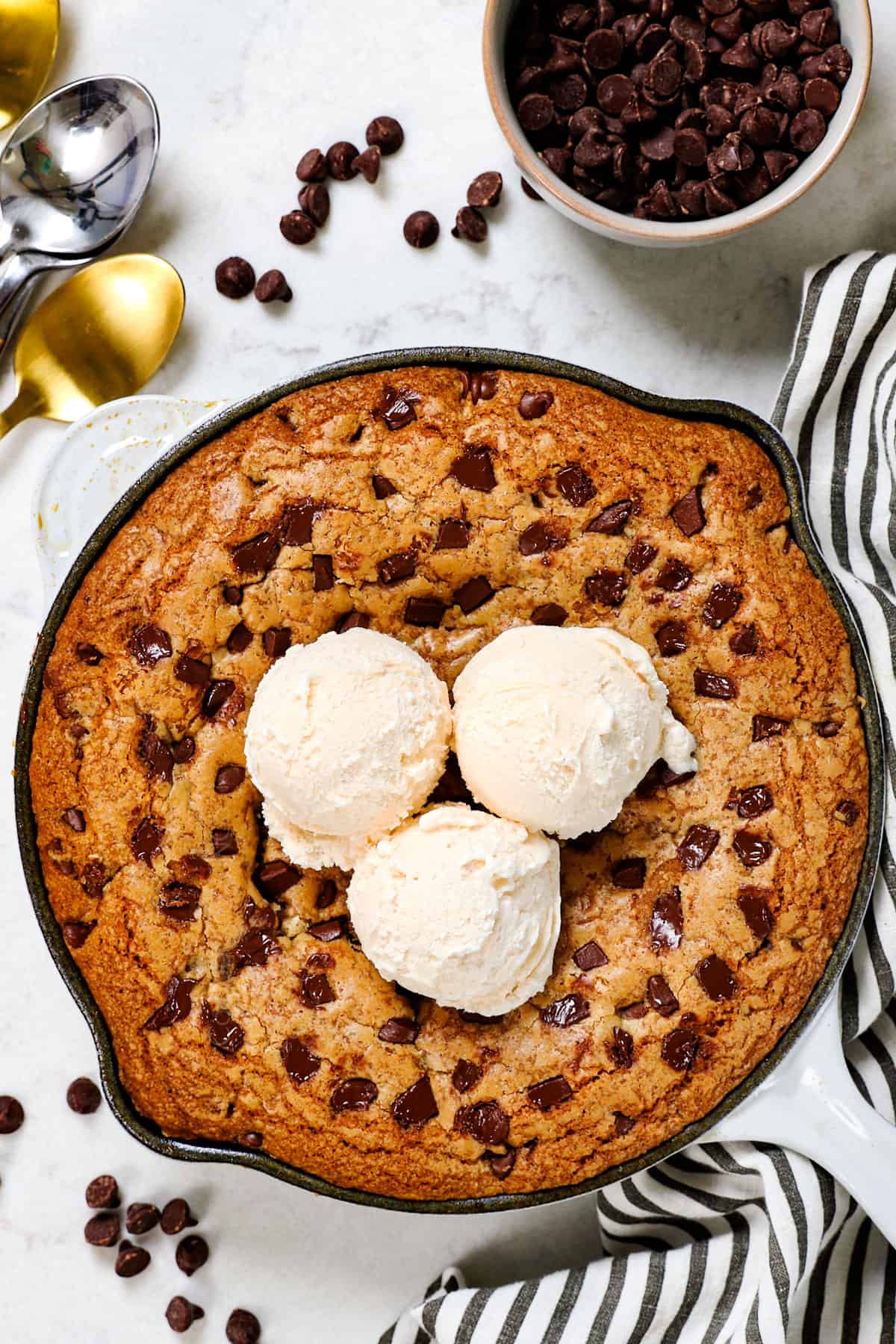 top view of pizookie recipe with chocolate chips