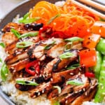 showing how juicy Asian chicken marinade is by slicing it