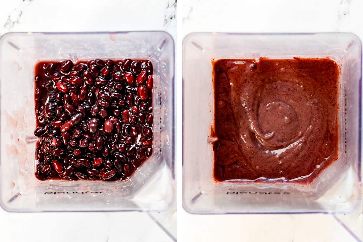 showing how to cook black beans by pureeing one can of beans in the blender before cooking