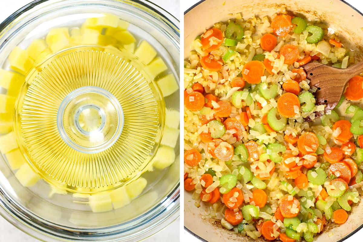 showing how to make chicken pot pie from scratch by steaming the potatoes then sautéing the vegetables