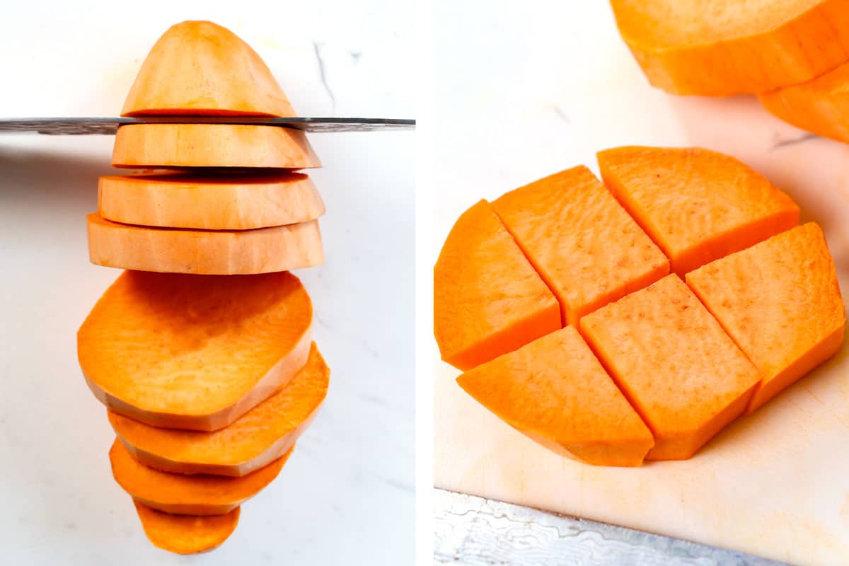 how to roast sweet potatoes but cutting the potatoes in to 1/-2 rounds, then into cubes