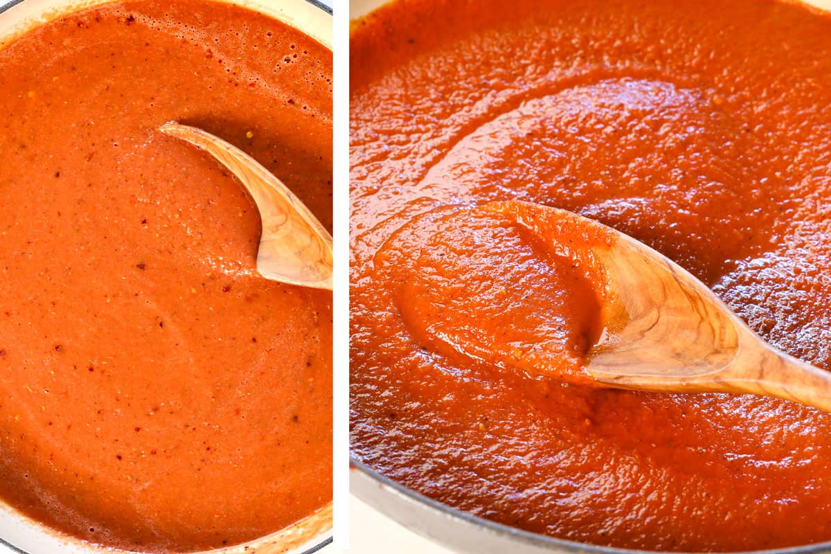 showing how to make baked gnocchi recipe by simmering the sauce for 10 minutes until thickened.