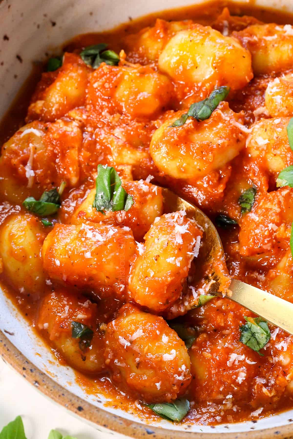 up close of gnocchi alla sorrentina showing the soft gnocchi