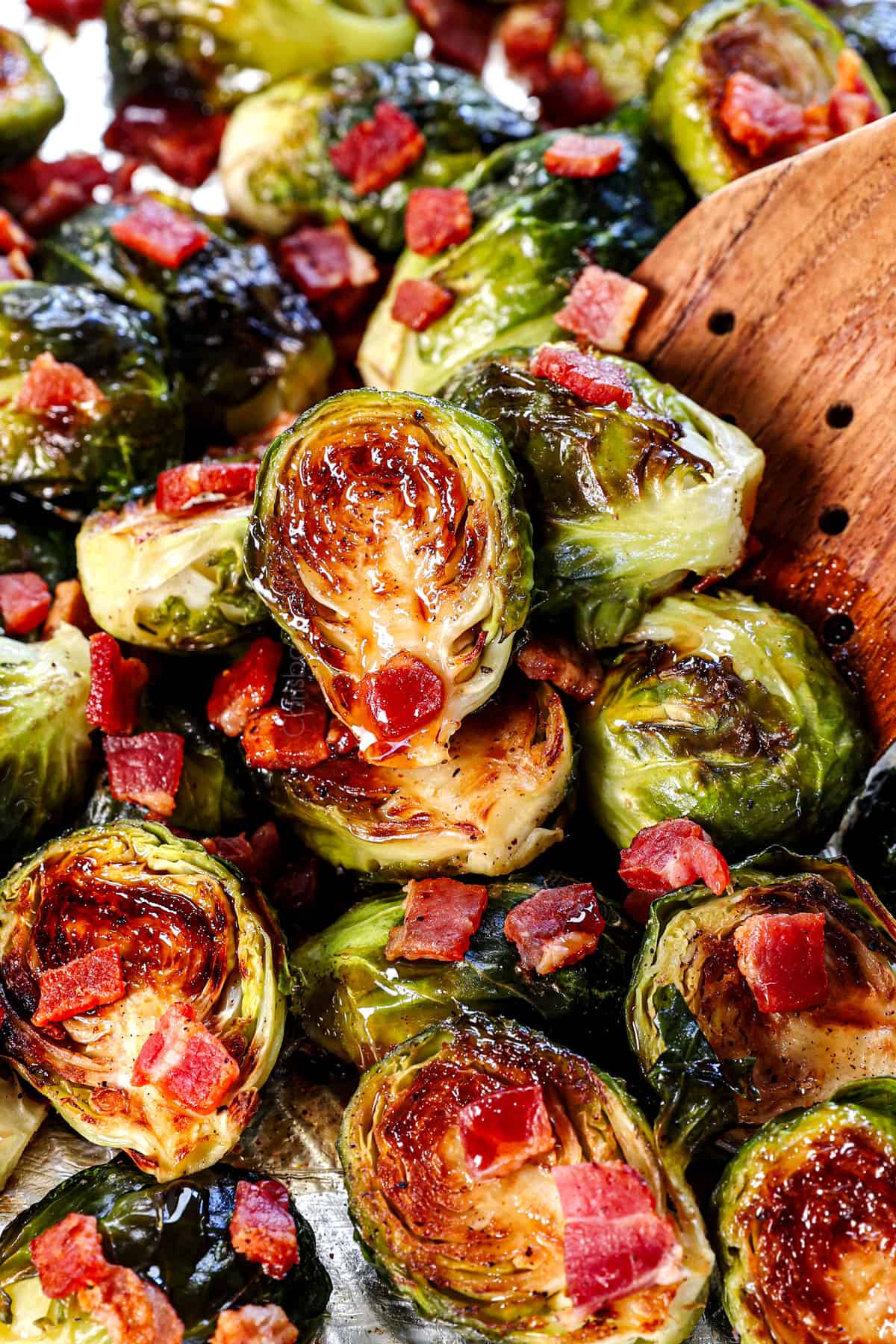 bacon Brussel sprouts on a baking sheet