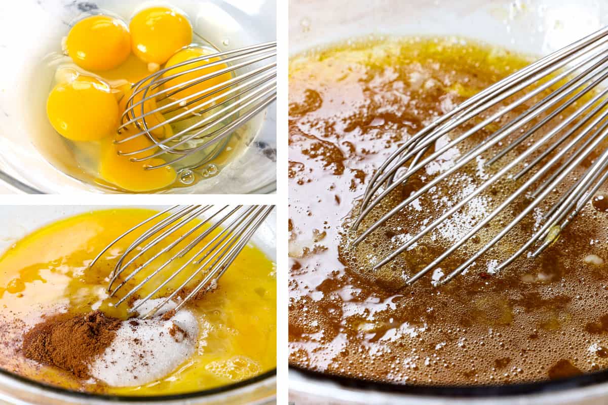 showing how to make custard by whisking the eggs and egg yolk in a medium bowl until combined, then whisk in the sugar, vanilla, and spices until evenly distributed.