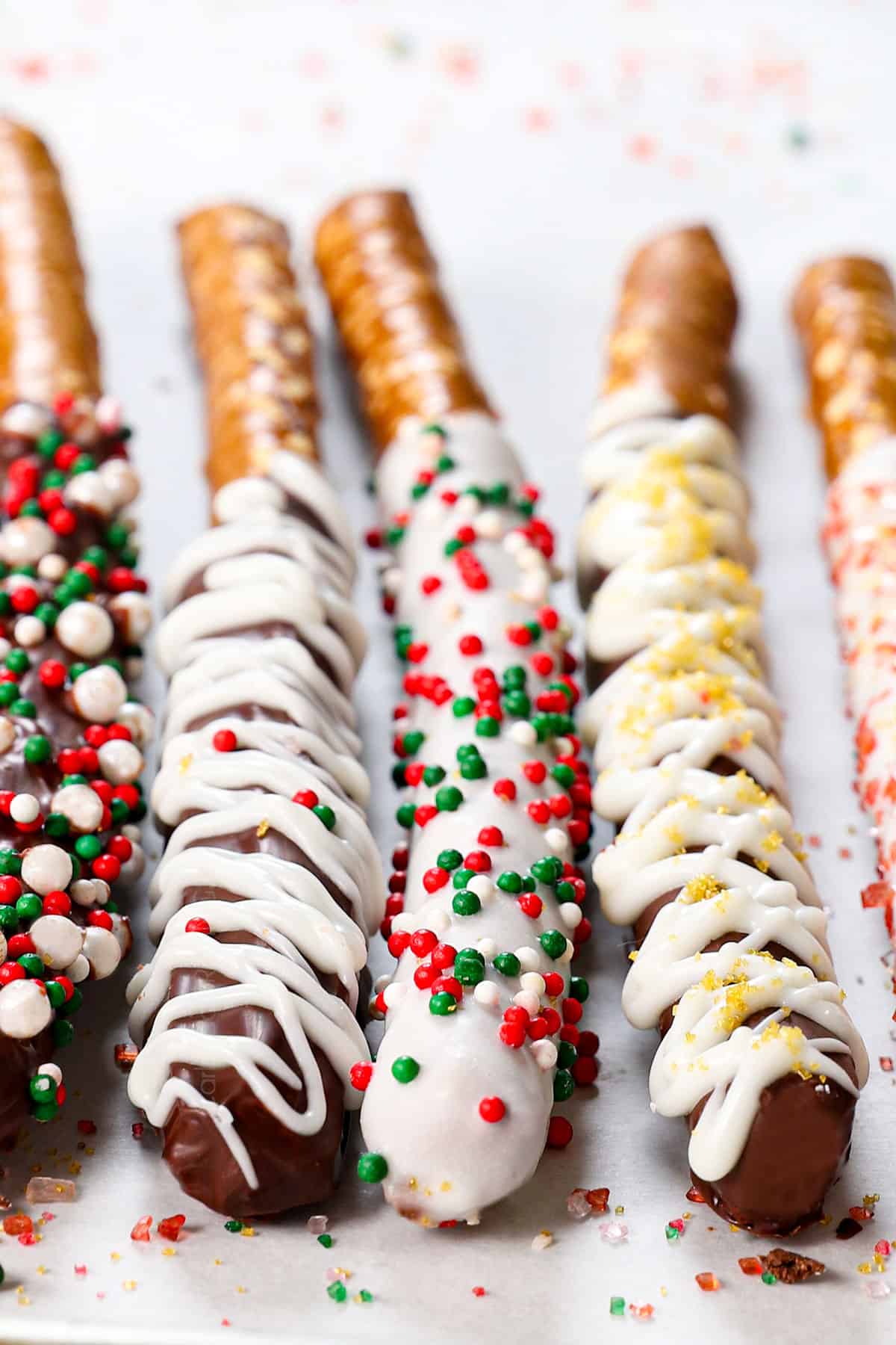 up close of chocolate pretzels showing the smooth chocolate