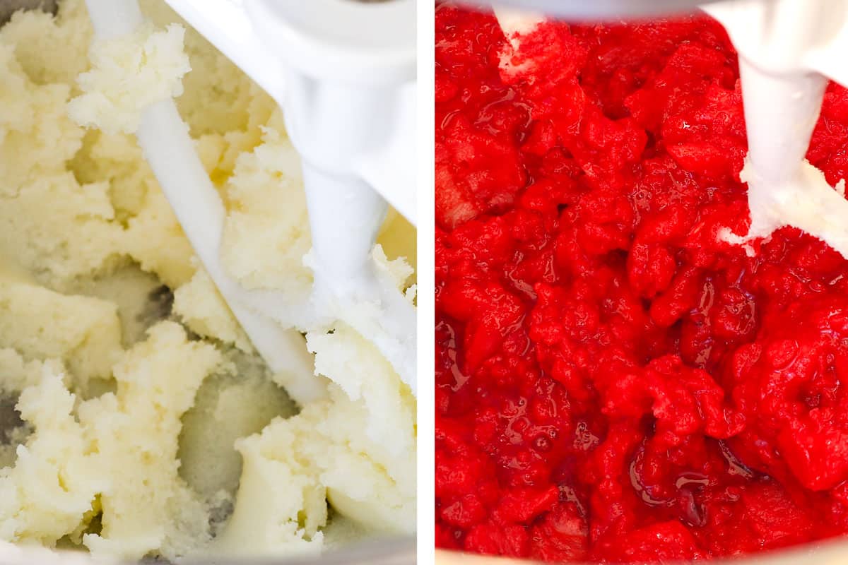 showing how to make red velvet cookies by beating butter and sugar, then adding red food coloring, egg, vanilla extract and peppermint extract