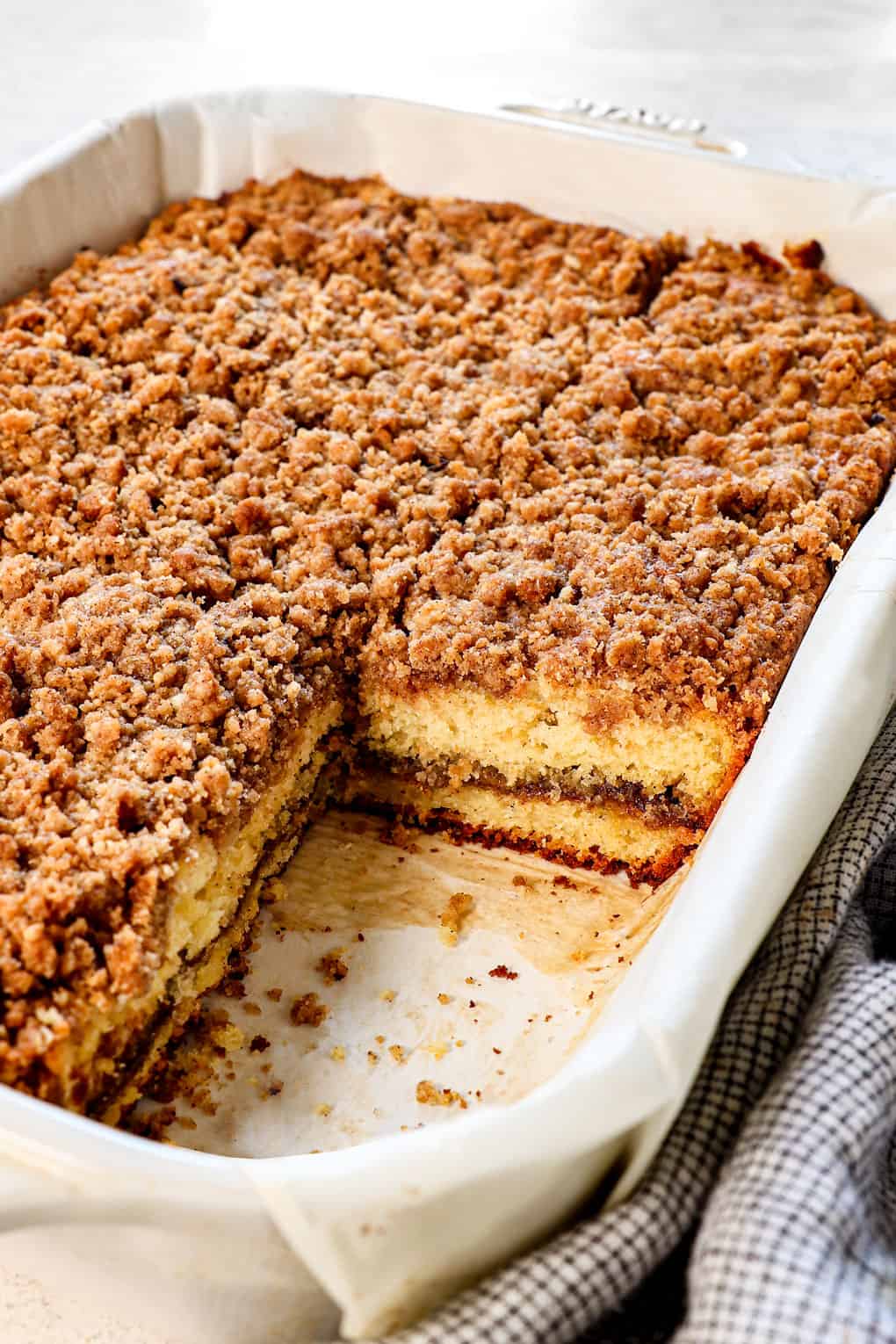 up close of cinnamon coffee cake in the pan showing the cinnamon swirl