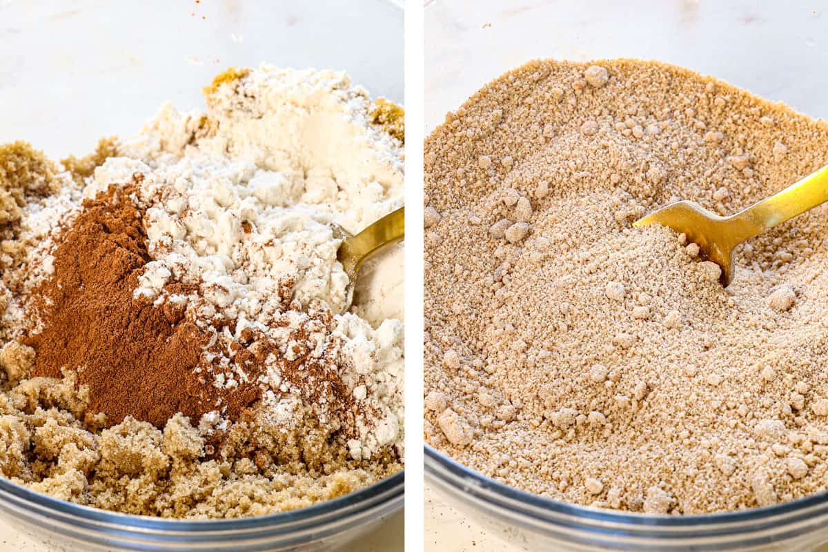 showing how to make coffee cake by mixing together brown sugar, cinnamon and flour for the cinnamon swirl filling