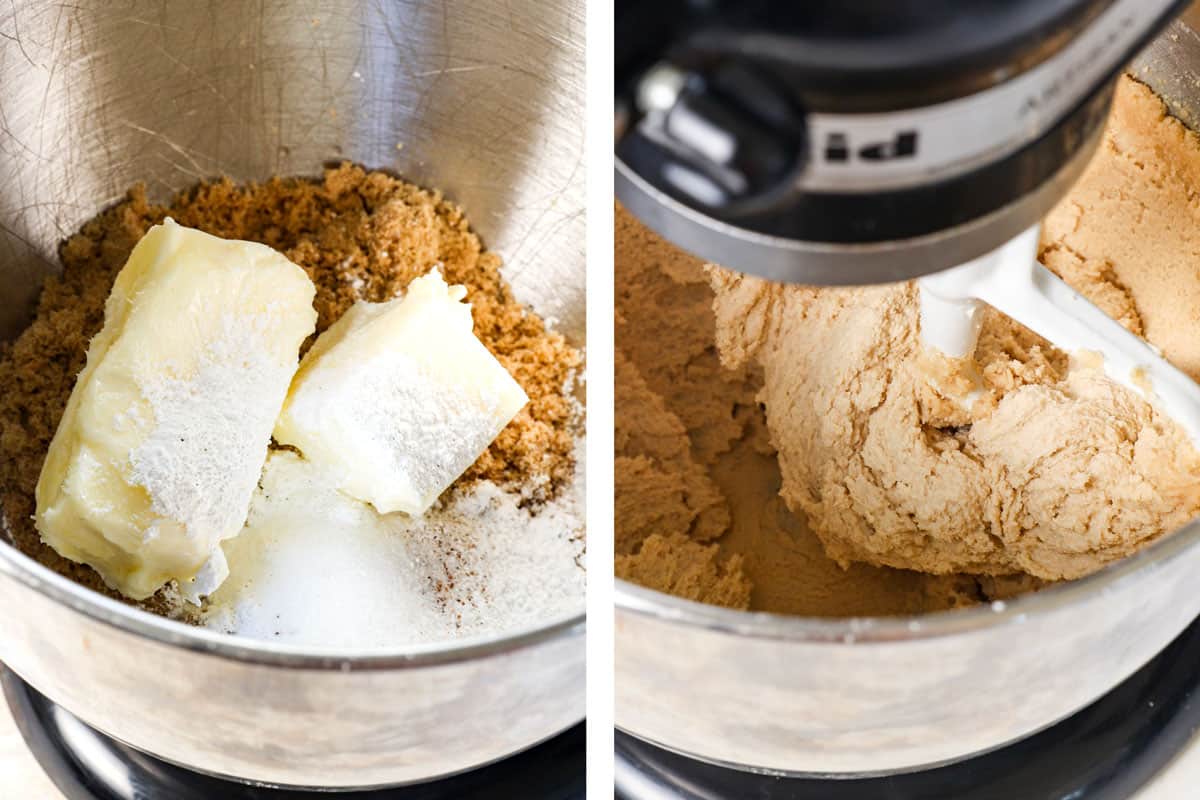 showing how to make coffee cake by creaming the butter and sugars together until fluffy