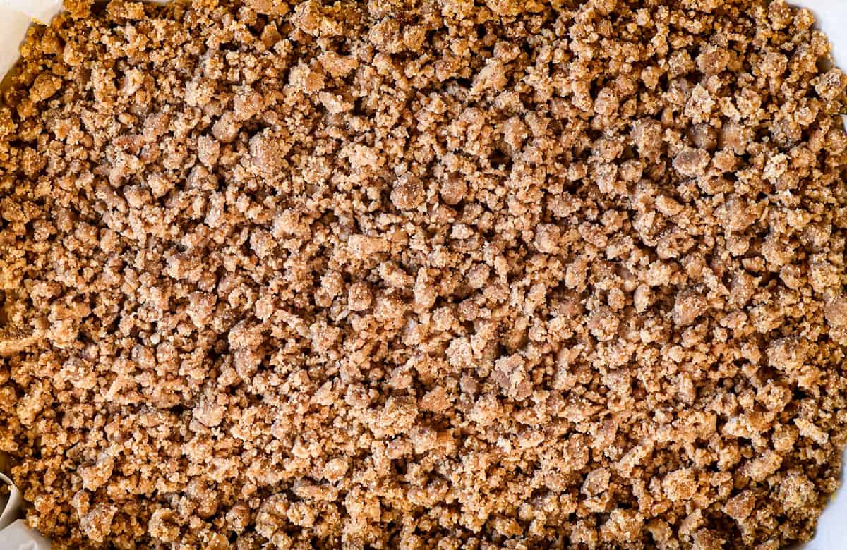 showing how to make coffee cake by adding the topping