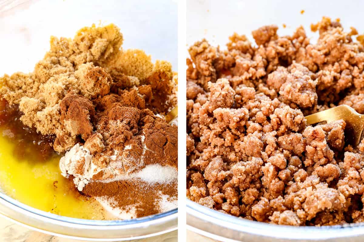 showing how to make coffee cake making the topping with melted butter, brown sugar, cinnamon and vanilla