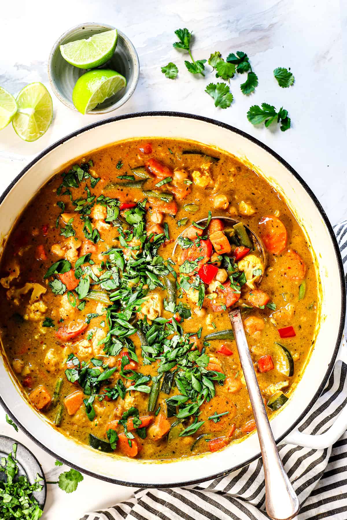 serving best vegetable soup recipe garnished with cilantro