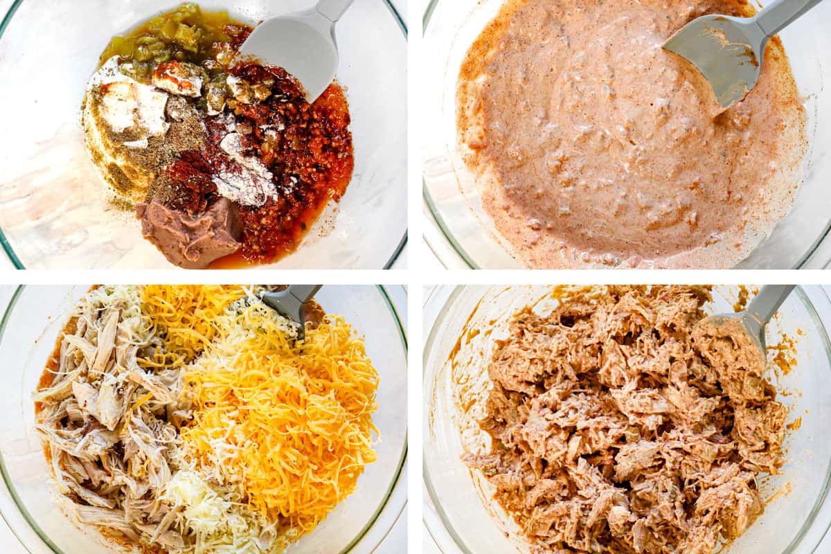 showing how to make chimichangas by adding the sour cream, refried beans, salsa, green chiles and spices to a bowl and mixing to combine, then stirring in the chicken and cheeses