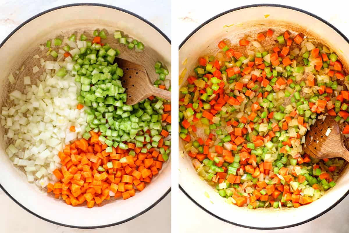 showing how to make lentil soup by sautéing onions, carrots and celery in a pot