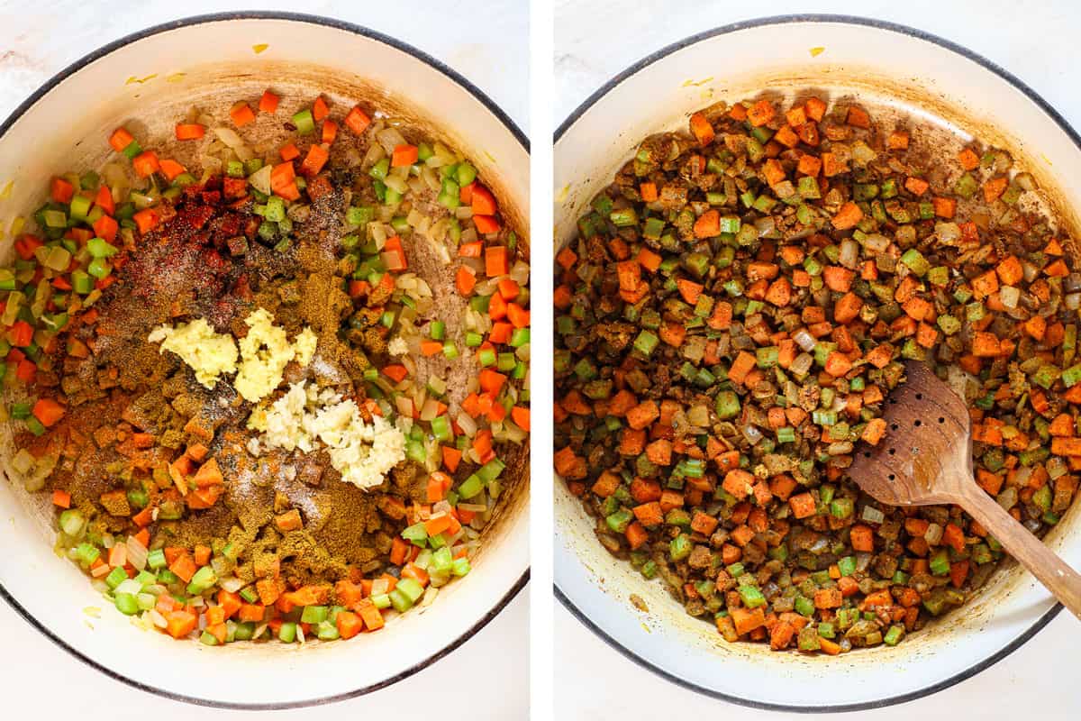 showing how to make lentil soup by blooming the curry, and spices with garlic and ginger