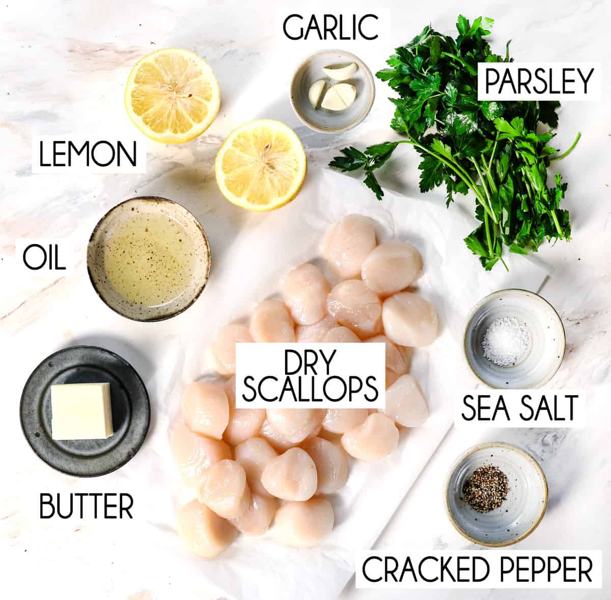 top view of scallop recipe ingredients: dry sea scallops, butter, oil, salt, and pepper, and ingredients for sauce: lemon, garlic, butter, and parsley