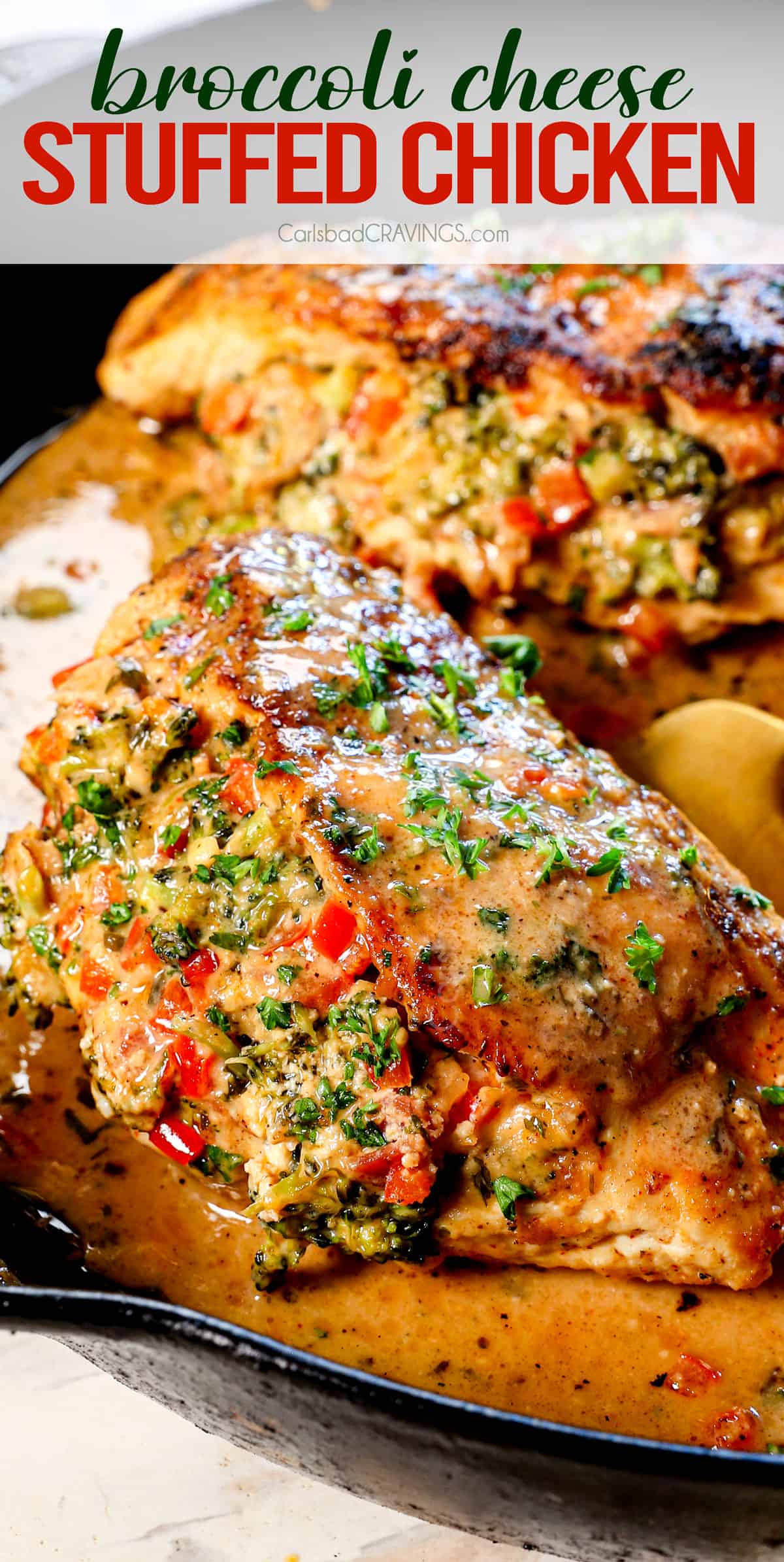 broccoli stuffed chicken breast in a skillet