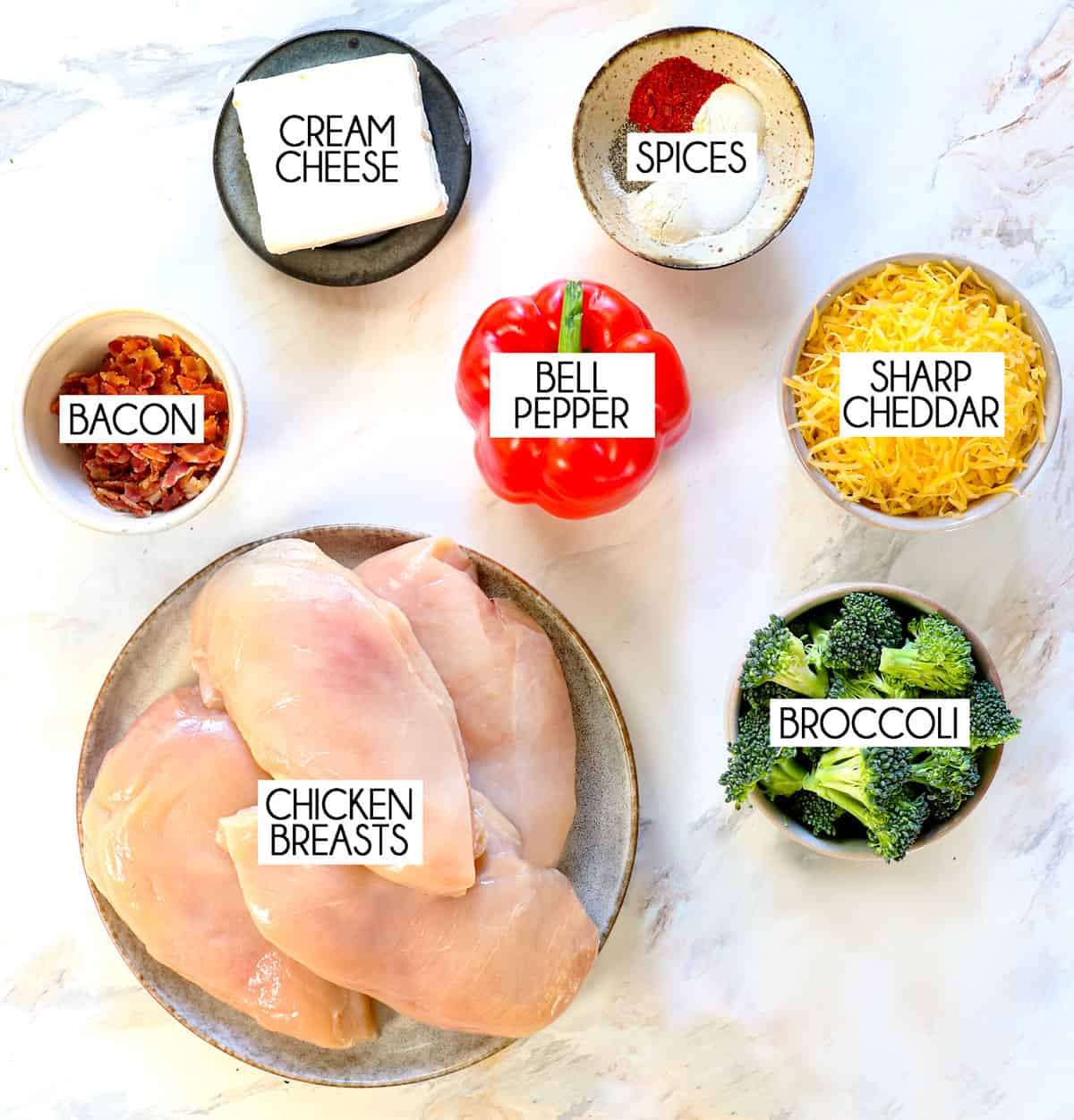 top view showing ingredients for stuffed chicken breast: chicken breast, cream cheese, cheddar, broccoli, bacon, bell pepper, cream cheese, and spices