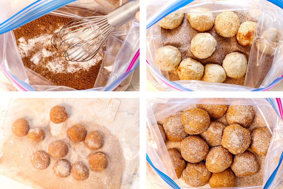 showing how to make monkey bread by whisking the cinnamon and sugar together in a bag, adding the dough balls, and shaking to well coat