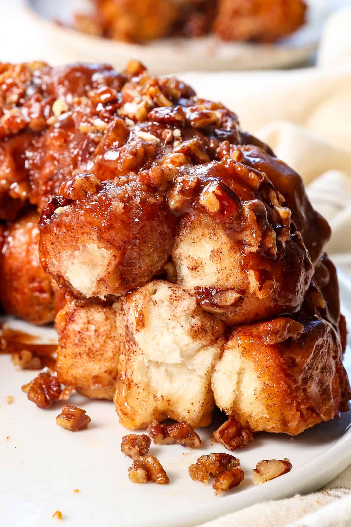 up close of Easy Monkey Bread Recipe with dough balls removed showing how fluffy the monkey bread is