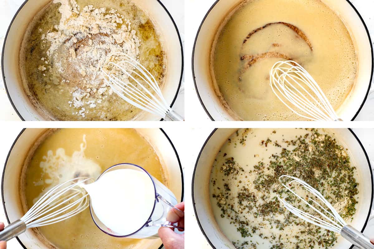 showing how to make cheesy potatoes by cooking the flour in melted butter for 2 minutes to make the roux. Gradually whisk in the milk and 1 ½ cups of chicken broth. Whisk the cornstarch with the remaining chicken broth, then add it to the pot. Next, add the Dijon, Worcestershire sauce, chives, chicken bouillon, and all the spices and spices.