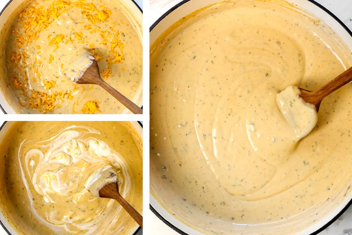 showing how to make cheesy potatoes by stirring the cheese until melted, followed by the sour cream