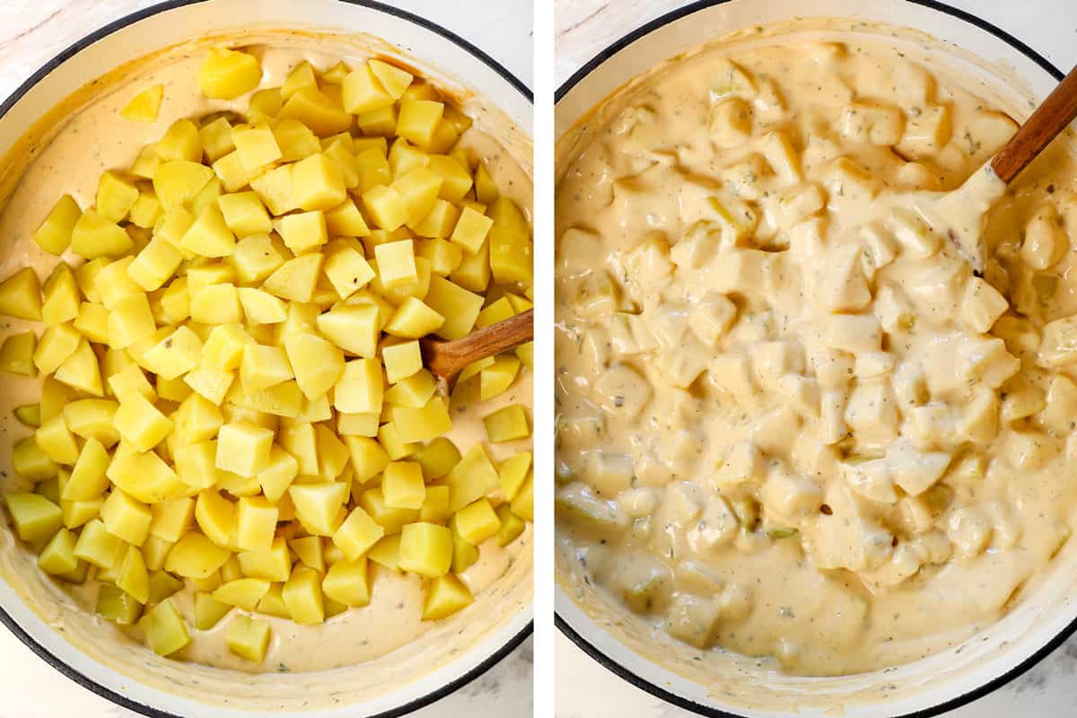 showing how to make cheesy potatoes by adding the cheese to the sauce and stirring to combine