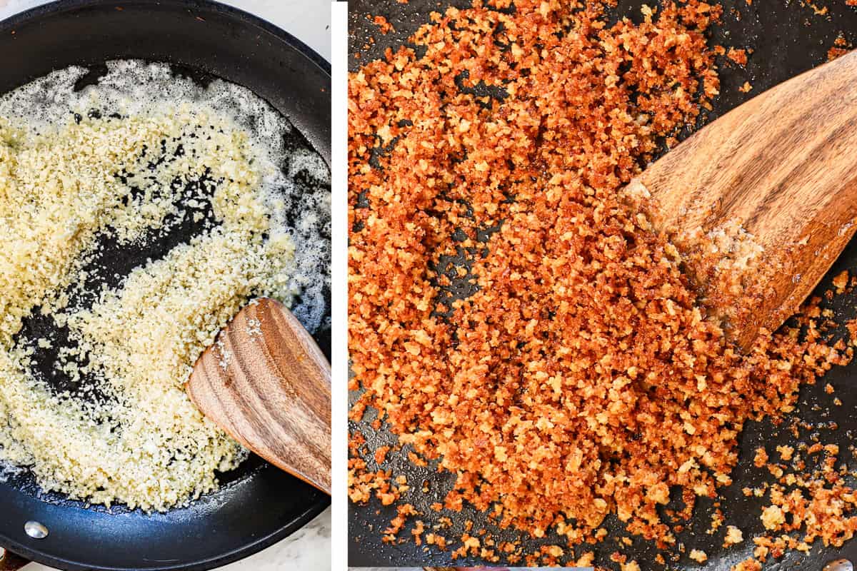 showing how to make cheesy potatoes by toasting the panko in a skillet