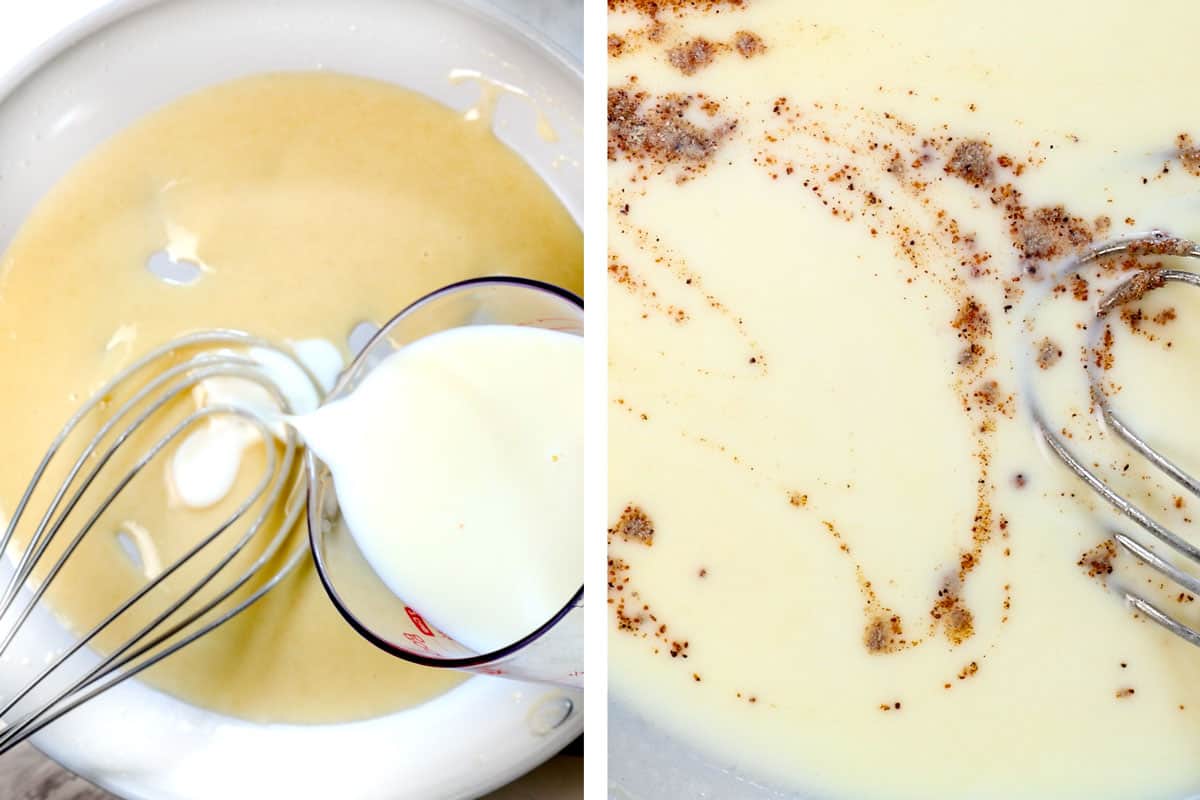 showing how to make croque monsieur by adding milk to make the béchamel, then adding nutmeg, white pepper and salt