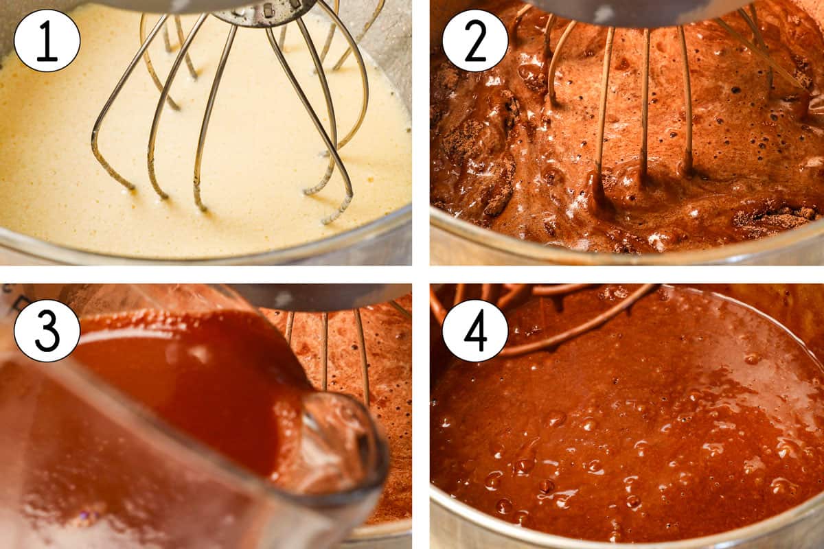 showing how to make German Chocolate by combining the eggs, buttermilk, sour cream, vanilla and oil, then adding the sifted cocoa powder, flour, salt, baking powder, baking soda, then adding the German chocolate melted in water and mixing until combined