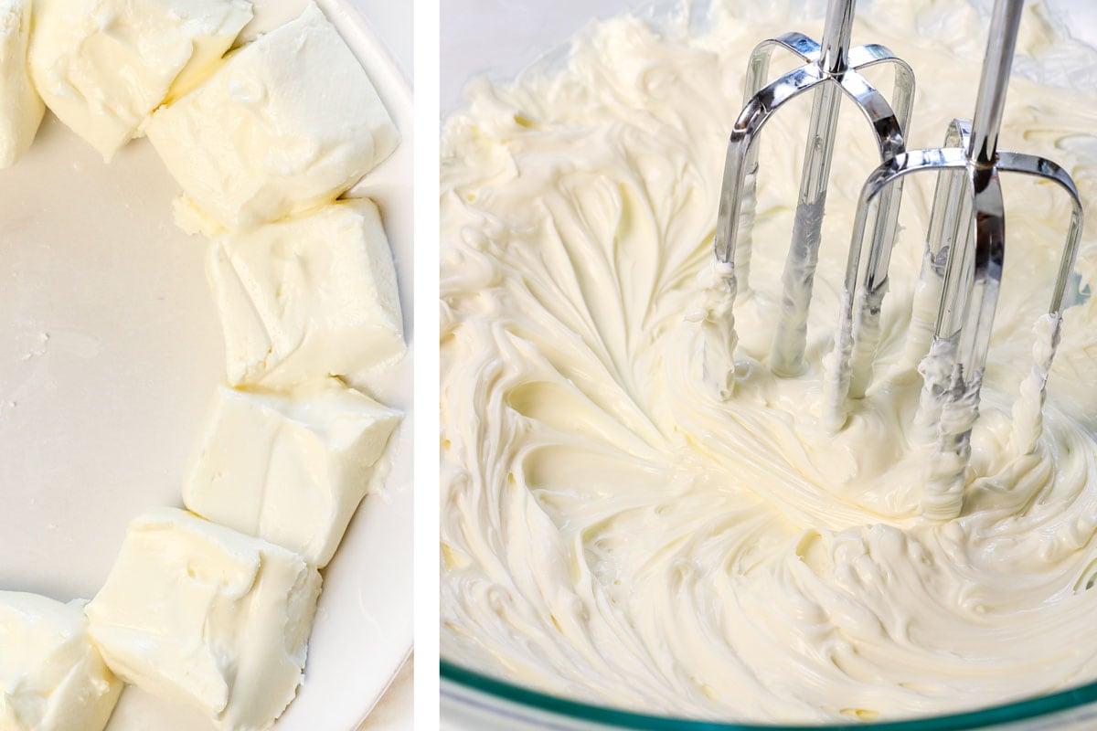 showing how to make fruit dip by softening cream cheese, then beating it until smooth