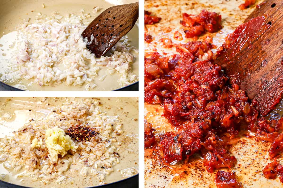 how to make pink sauce by sauteing shallots, then adding garlic and red pepper flakes and sautéing, then sautéing with tomato paste