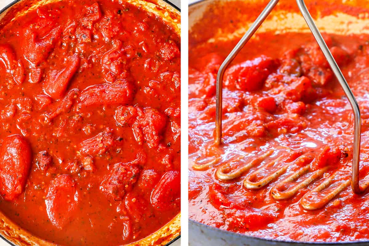 showing how to make pink sauce by simmering the sauce, then smashing the whole tomatoes with a potato masher