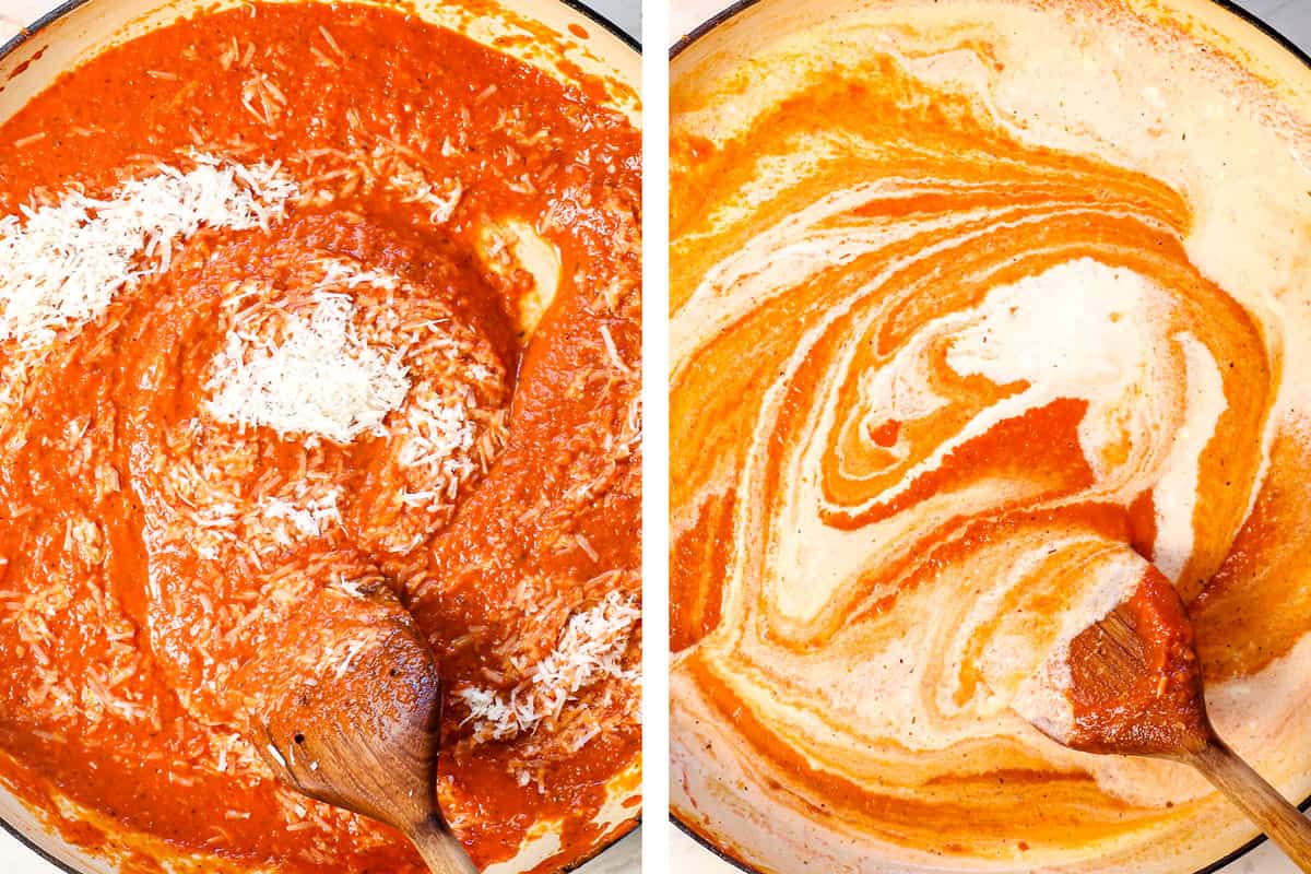 showing how to make pink sauce by stirring in the Parmesan until melted, followed by the heavy cream