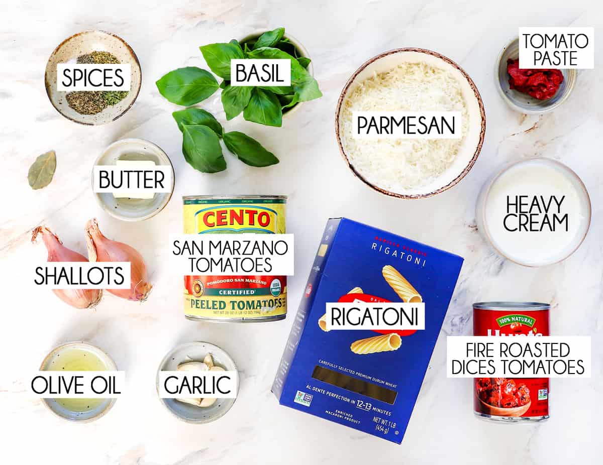 top view of pink sauce ingredients: San Marzano tomatoes, heavy cream, Parmesan, shallots, garlic, tomato paste, basil, spices, and basil