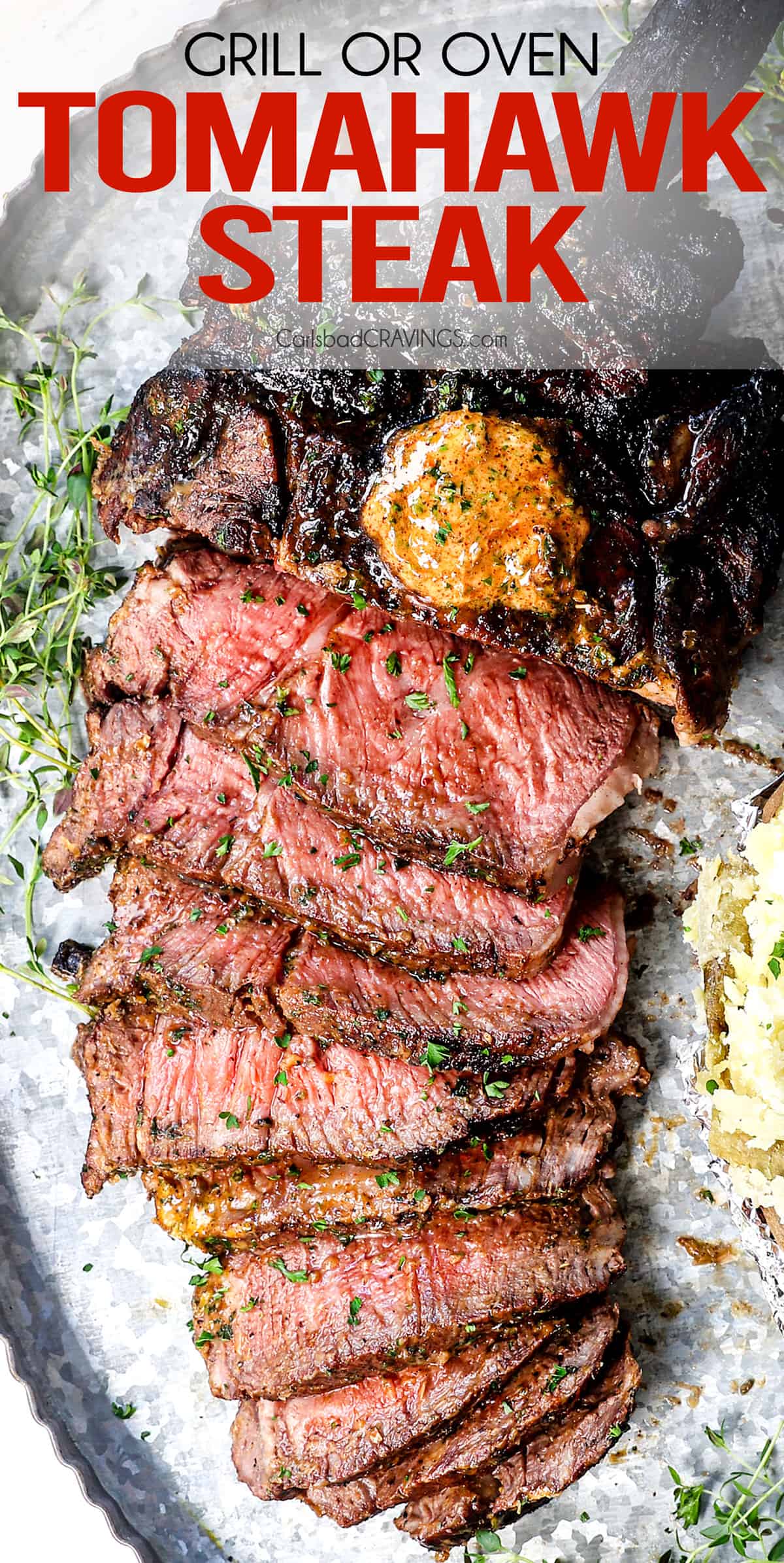 top view of tomahawk steak sliced on a platter showing a perfect medium-rare