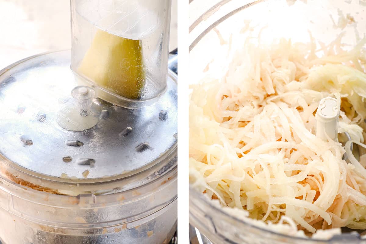 showing how to make hash browns by shredding the potatoes in a food processor