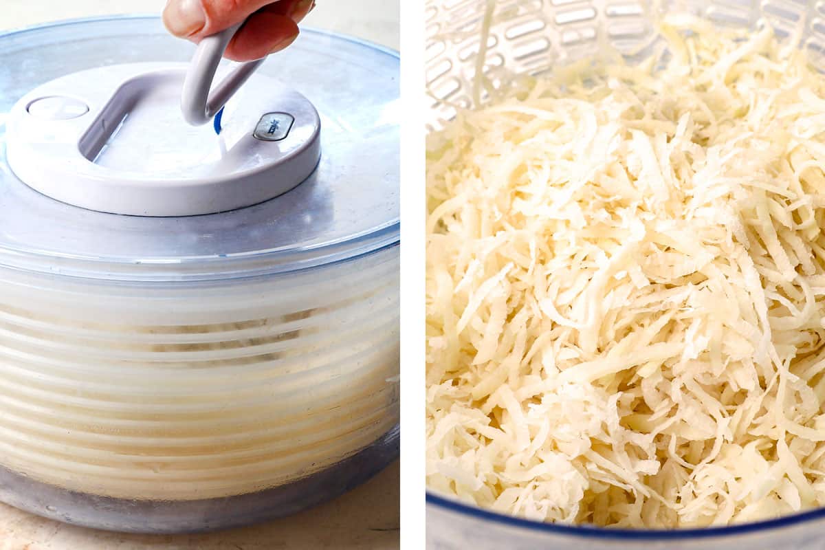 showing how to make hash browns by removing excess moisture by drying the shredded potatoes in a salad spinner
