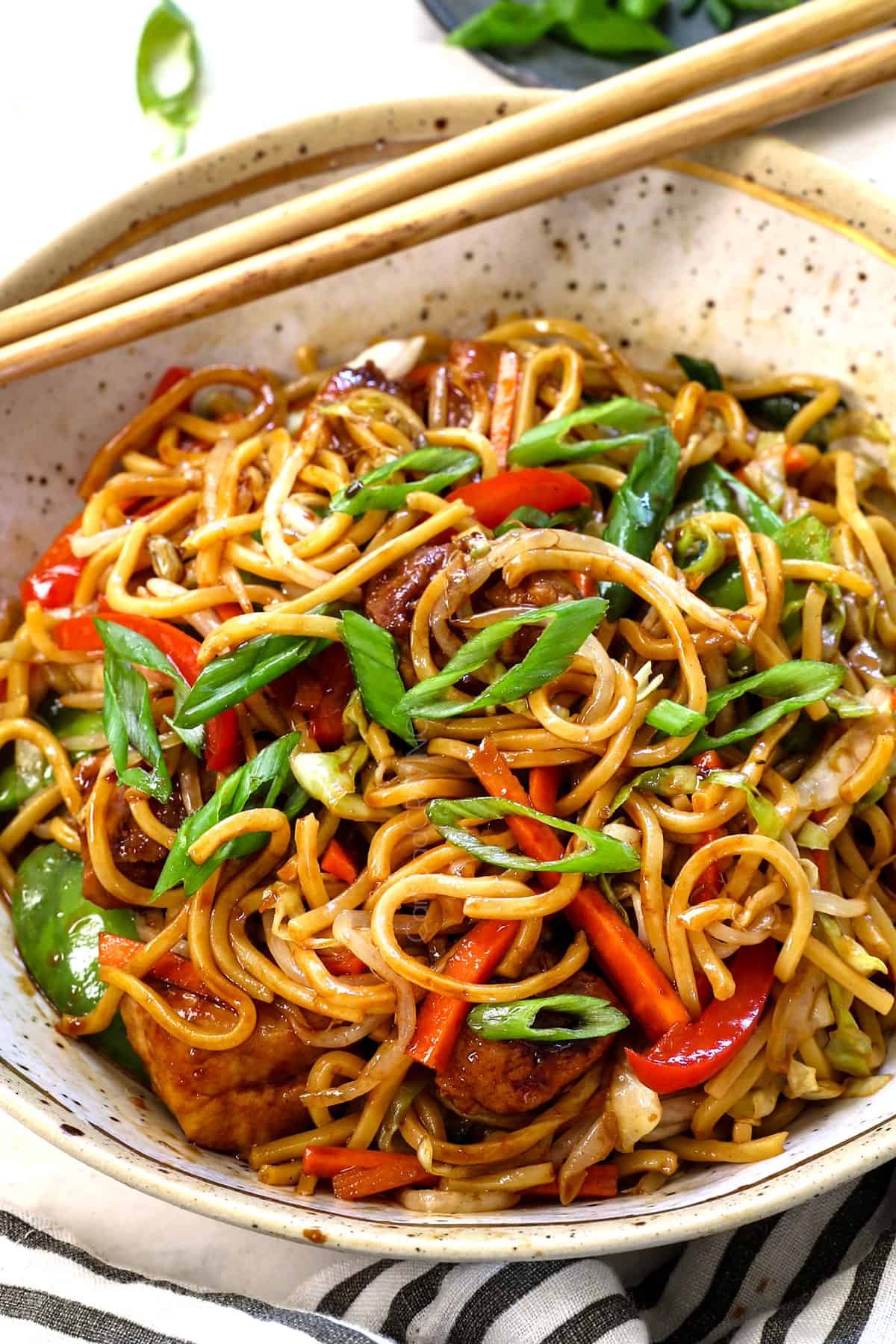 showing how to serve lo mein recipe in a bowl garnished with green onions