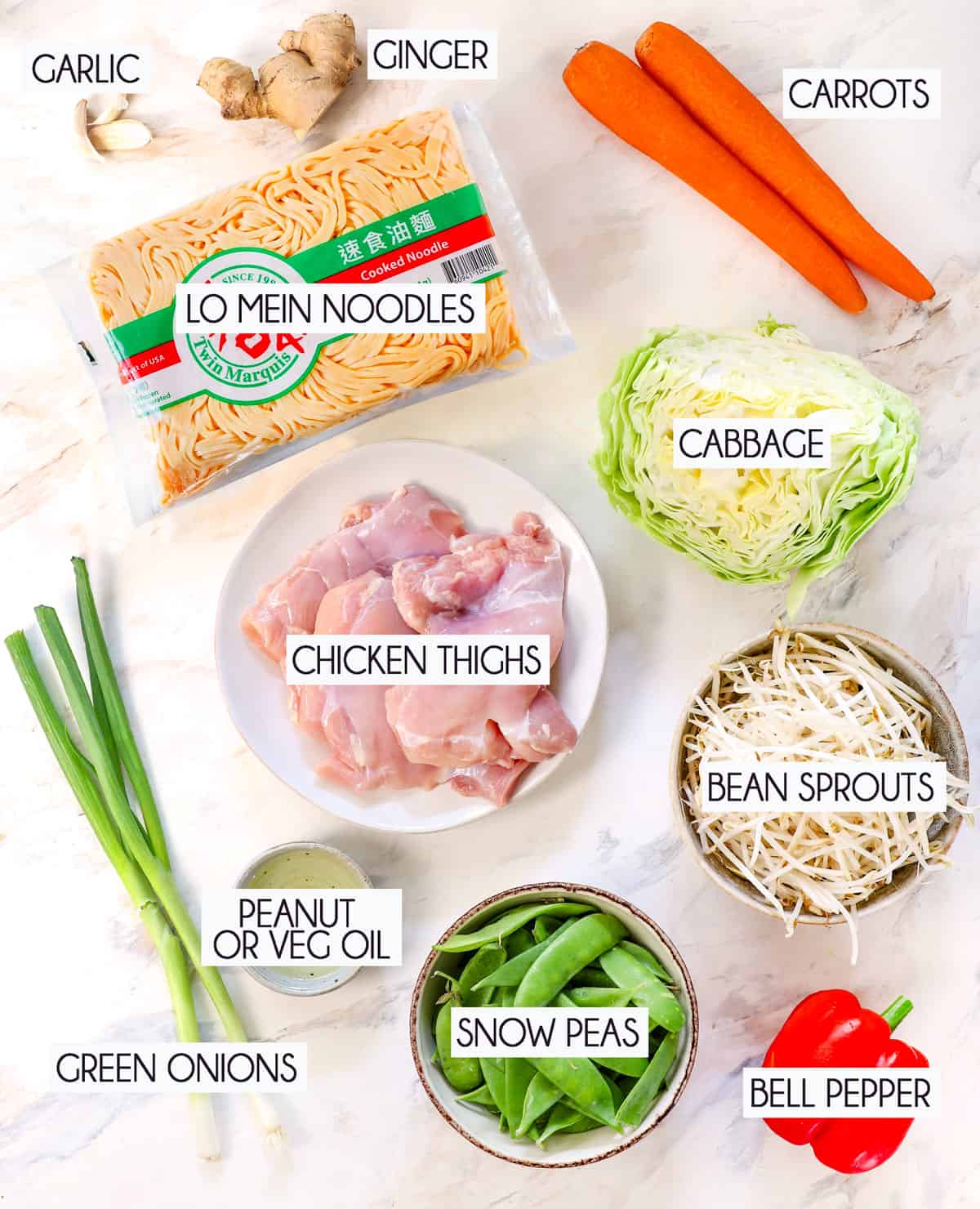 top view of lo mein ingredients: lo mein noodles, chicken thighs, cabbage, bean sprouts, carrots, bell pepper, garlic, ginger and green onions
