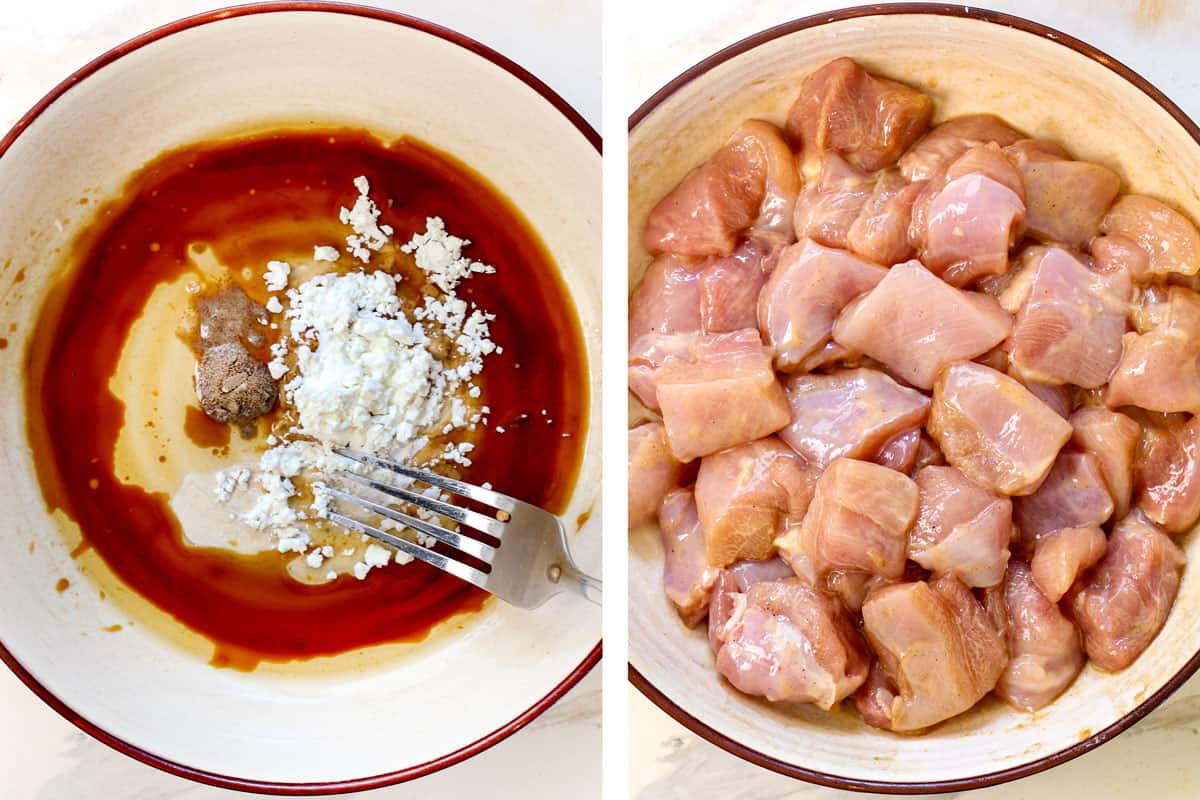 showing how to make lo mein recipe by marinating the chicken in soy sauce and cornstarch to "velvet" the chicken