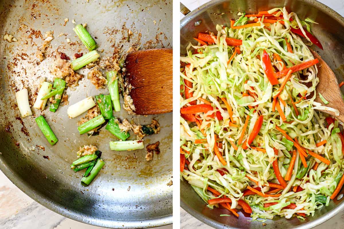 showing how to make chicken lo mein by stir frying the green onions, garlic and ginger, then adding the cabbage, bell pepper, and carrots and stir frying one minute