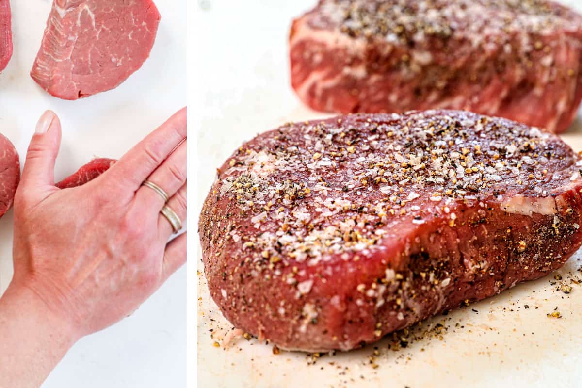 a collage showing how to make Steak Diane by pressing the fillet mignon into 1-inch thickness with the palm, then seasoning with kosher salt and freshly cracked pepper