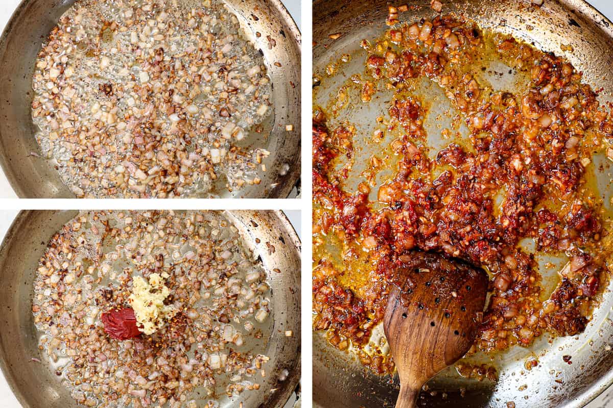 a collage showing how to make Steak Diane by sautéing the shallots, then adding the garlic, red pepper flakes and tomato paste and sautéing