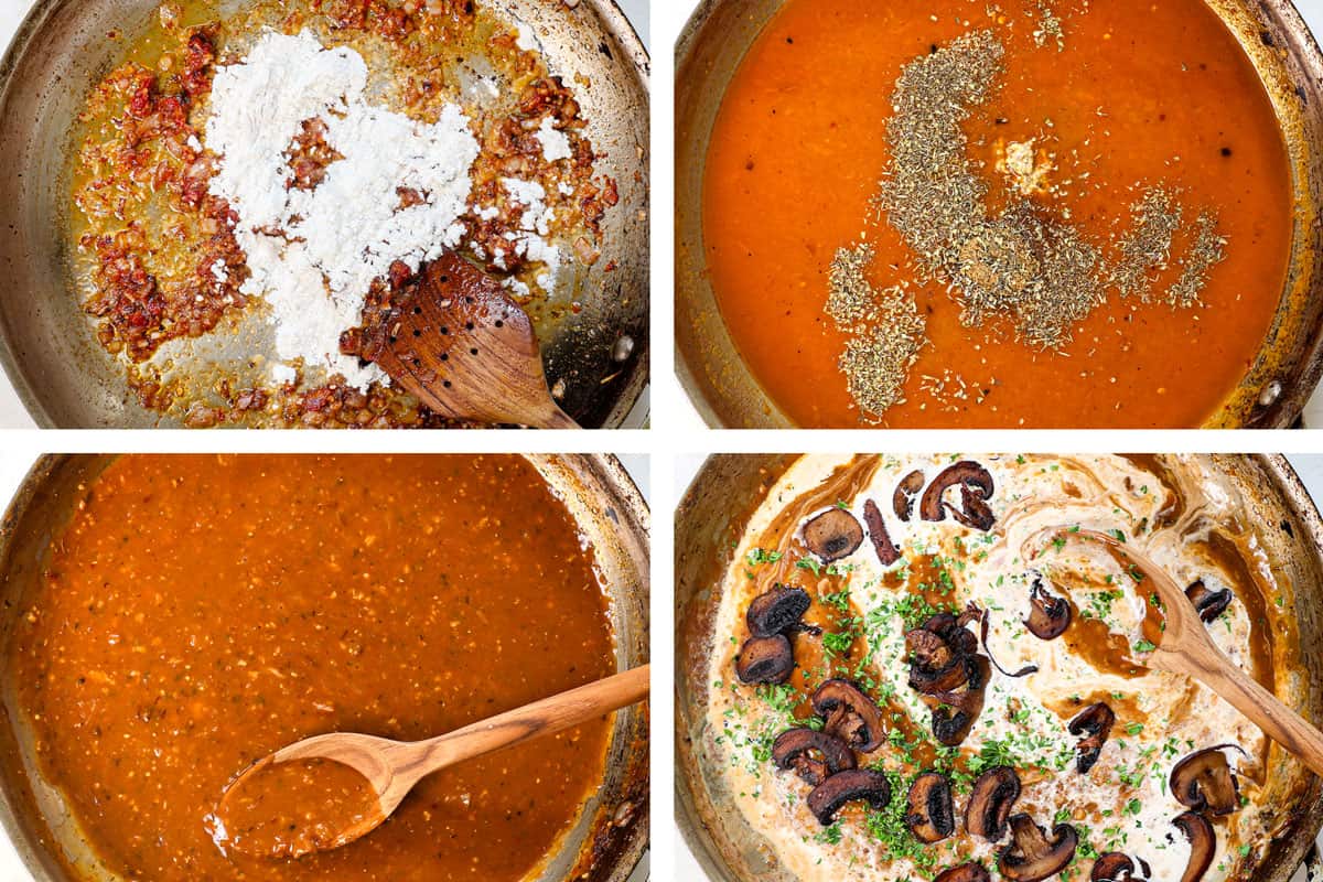 a collage showing how to make Steak Diane by cooking the flour to make a roux, adding the beef broth, spices, Worcestershire, and Dijon, simmering to thicken, then stirring in the heavy cream, mushrooms, and parsley