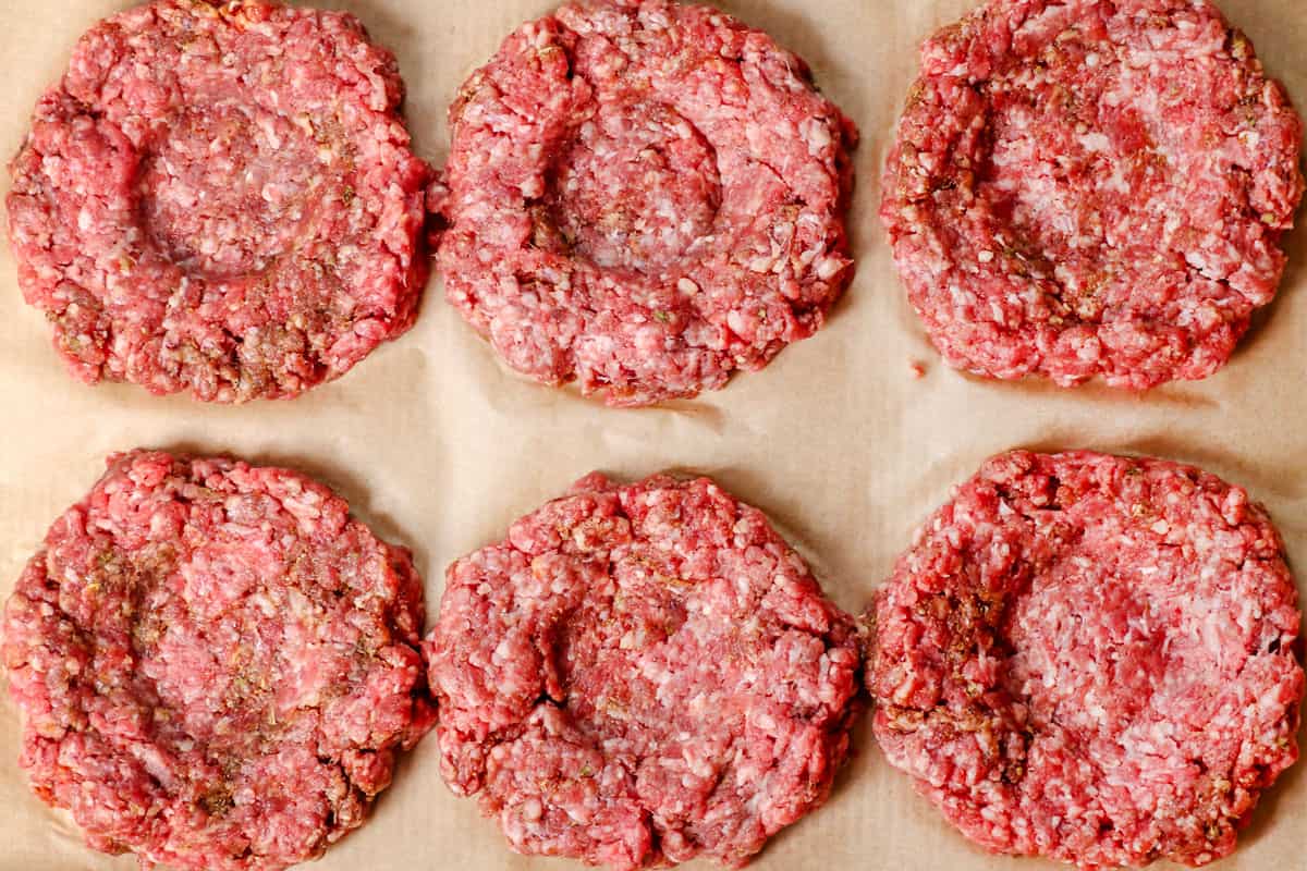 showing how to make a cheeseburger by making an indentation in the patties so they don't shrink